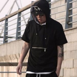 #66 Hooded short sleeve T-shirt for Men with Front zip pocket